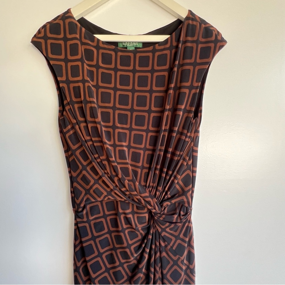 Lauren Ralph Lauren Dress Size 8 Brown Black Geometric Knot Sheath Stretch Midi - Picture 5 of 13